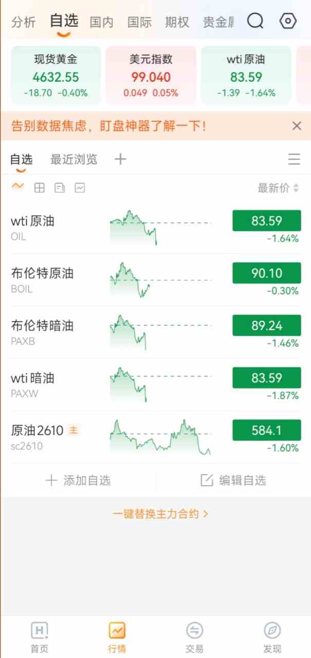 一站式原油行情工具,同时支持WTI、布伦特、暗油不间断行情